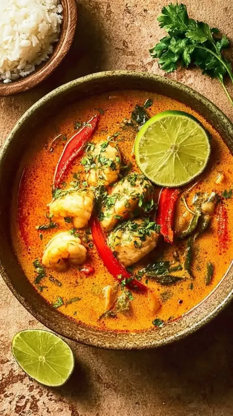 A vibrant Brazilian fish stew in a black pot with colorful bell peppers and fresh cilantro.