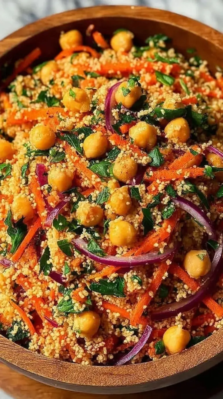 A colorful bowl of Moroccan couscous salad with chickpeas, grated carrots, and fresh parsley