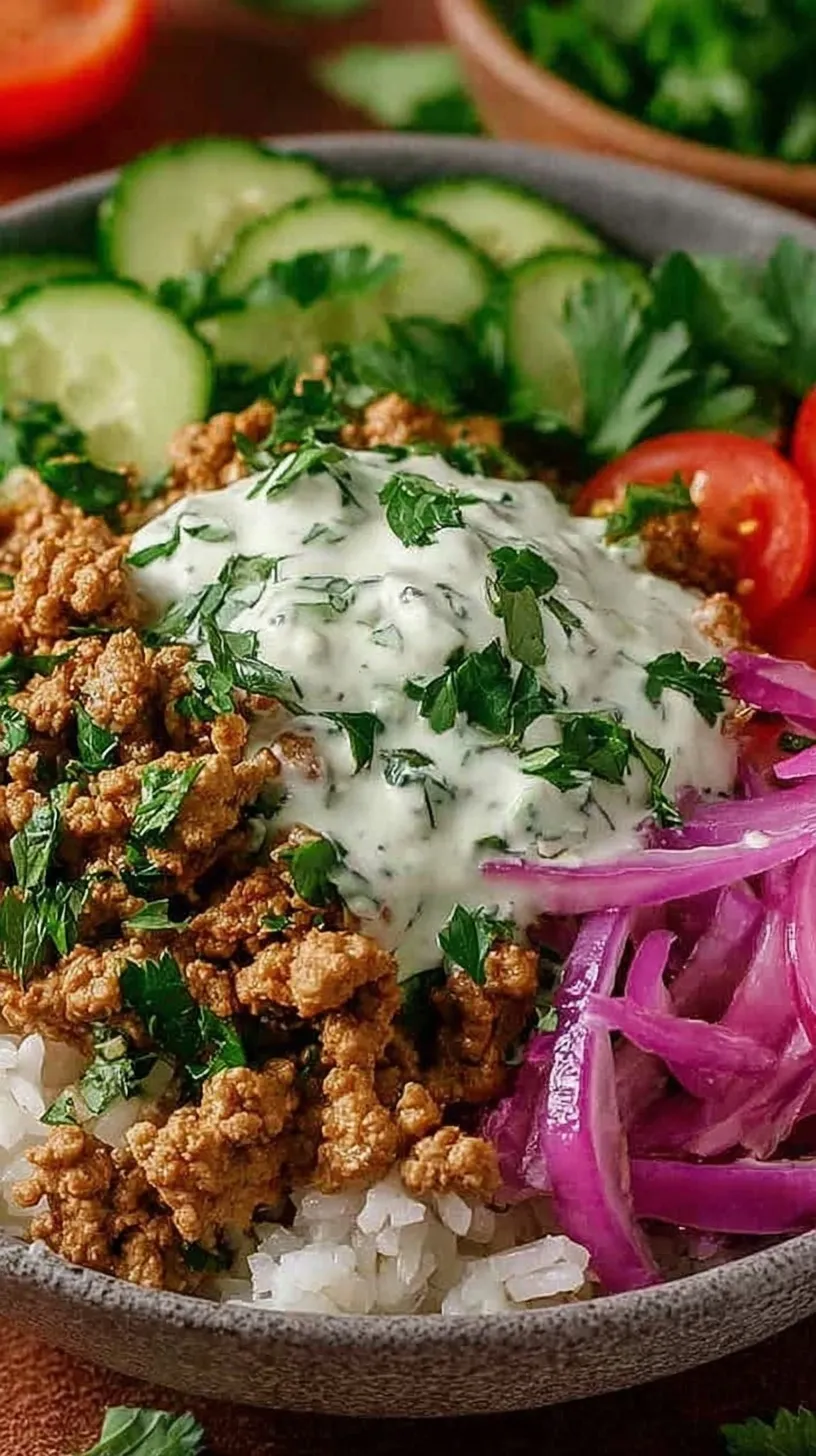 A colorful ground turkey bowl with broccoli, red peppers, and green onions over jasmine rice.