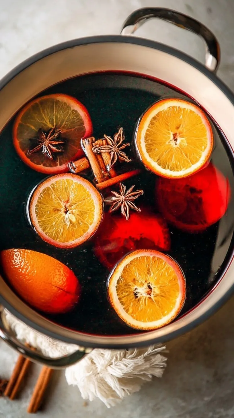 A steaming mug of red mulled wine with orange slices and cinnamon sticks