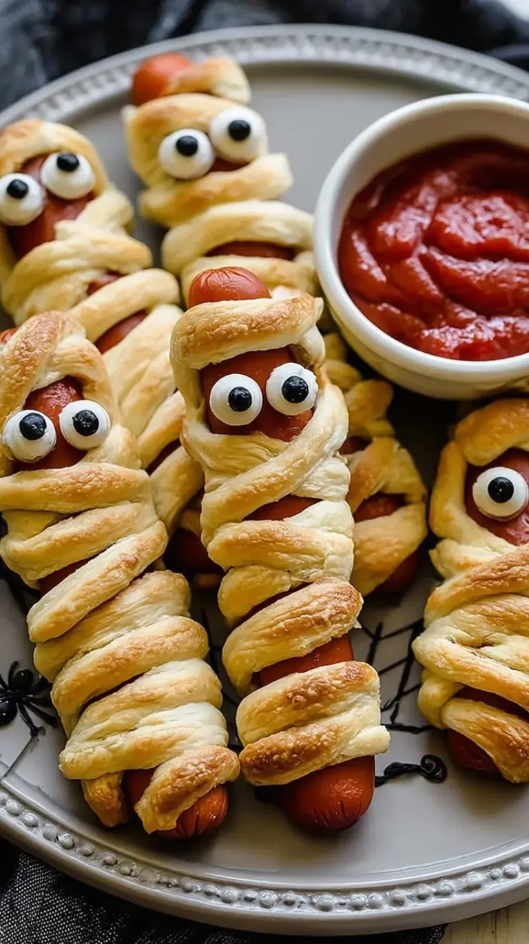 Golden brown mummy hot dogs wrapped in crescent dough with mustard eyes on a baking sheet.