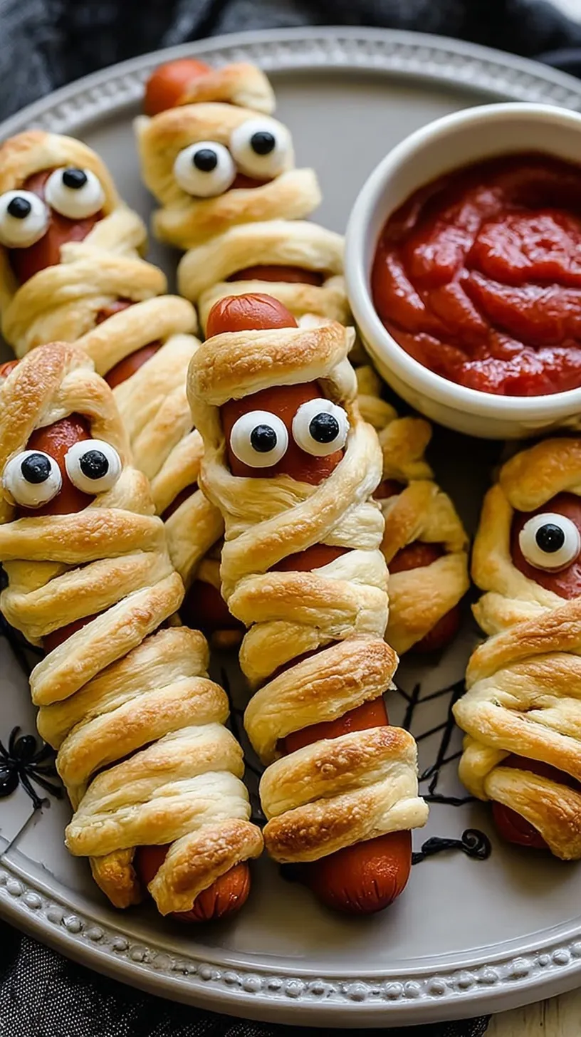 Golden brown mummy hot dogs wrapped in crescent dough with mustard eyes on a baking sheet.