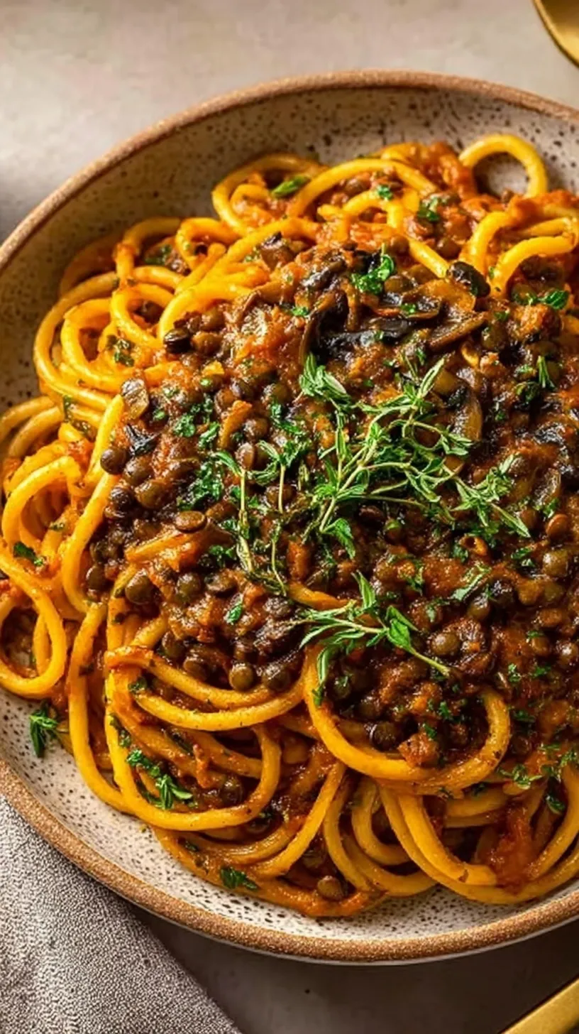 A close-up shot of rich Mushroom Ragu served over thick pasta in a white bowl.
