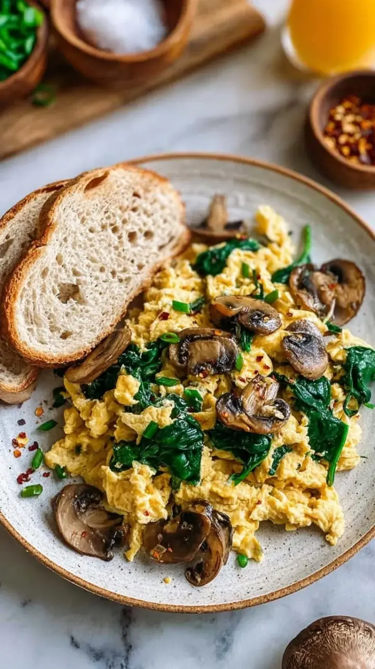 Fluffy scrambled eggs with sautéed cremini mushrooms and fresh green spinach in a skillet.