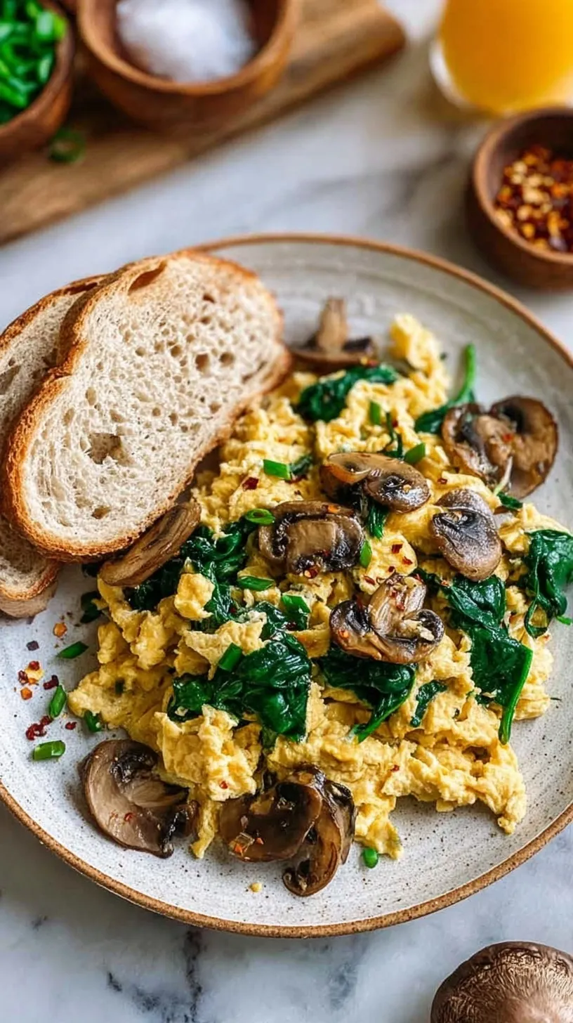 Fluffy scrambled eggs with sautéed cremini mushrooms and fresh green spinach in a skillet.