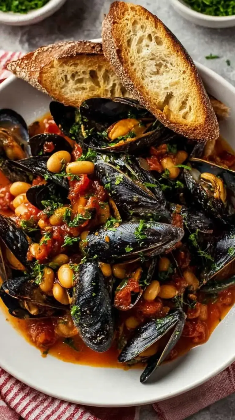 A large pot of steamed mussels with white beans and tomatoes in a white wine broth topped with fresh parsley.