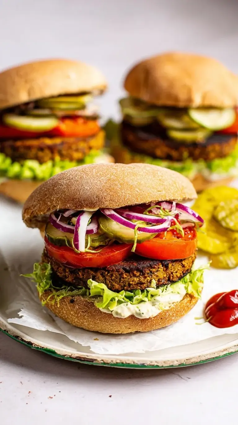 Golden brown black bean burger patty on a toasted bun with fresh toppings