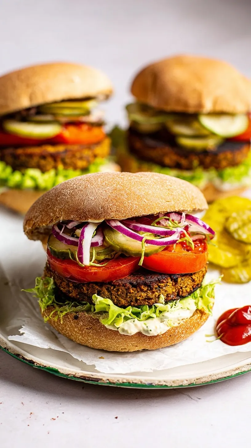 Golden brown black bean burger patty on a toasted bun with fresh toppings