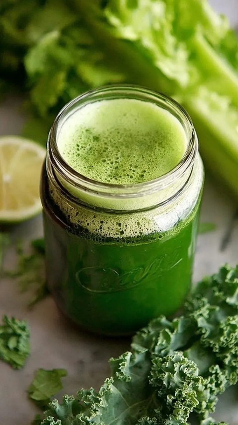 A vibrant glass of refreshing green juice with ice and a slice of lemon