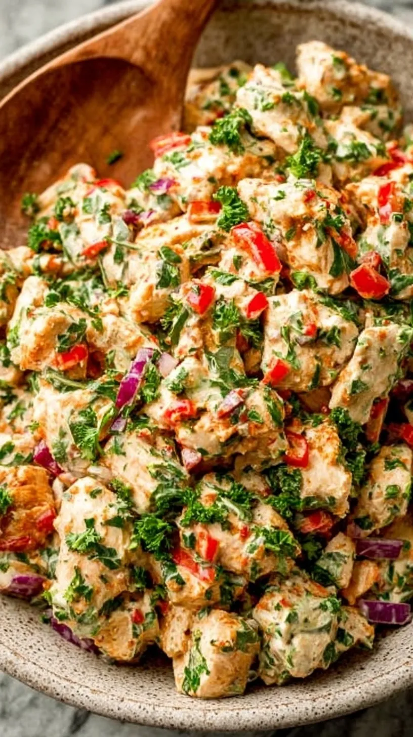 A bowl of creamy spicy chicken salad with fresh cilantro and lime wedges on a bright summer table.