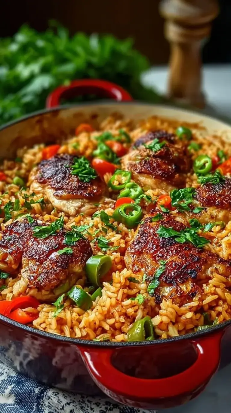 Grilled Peri-Peri chicken thighs served over a bed of yellow spiced vegetable rice with lemon wedges and cilantro.
