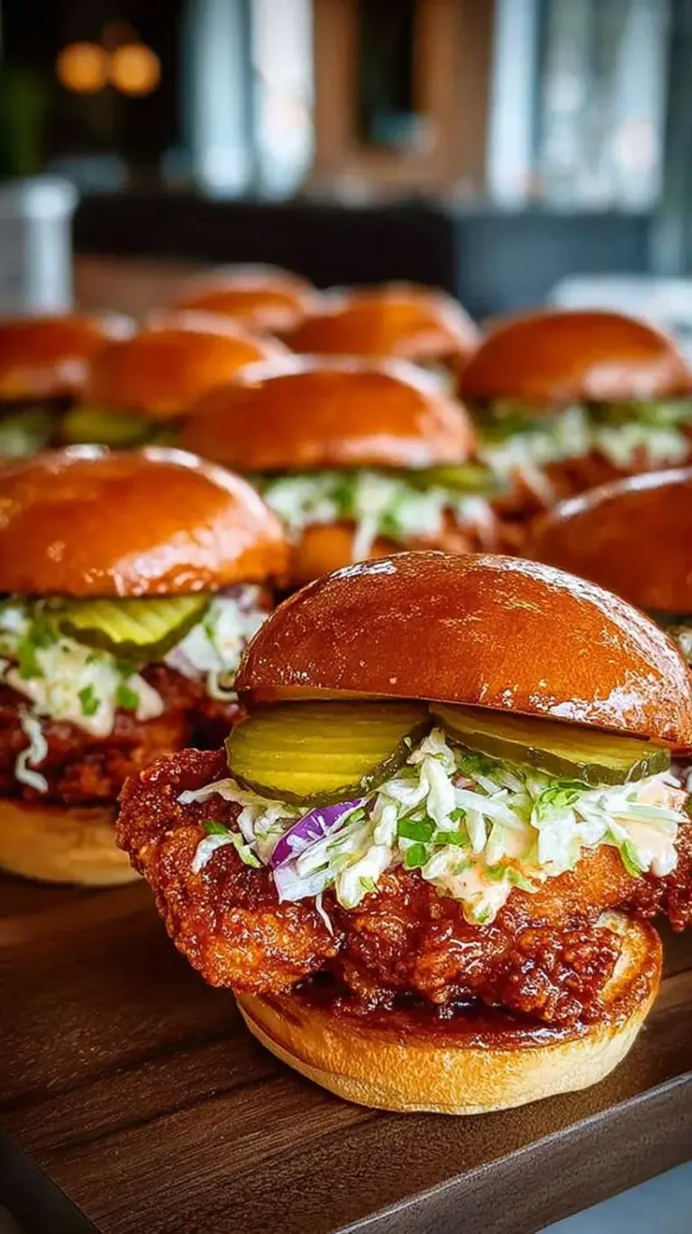 A golden brown Nashville Hot Chicken Sandwich on a brioche bun with pickles
