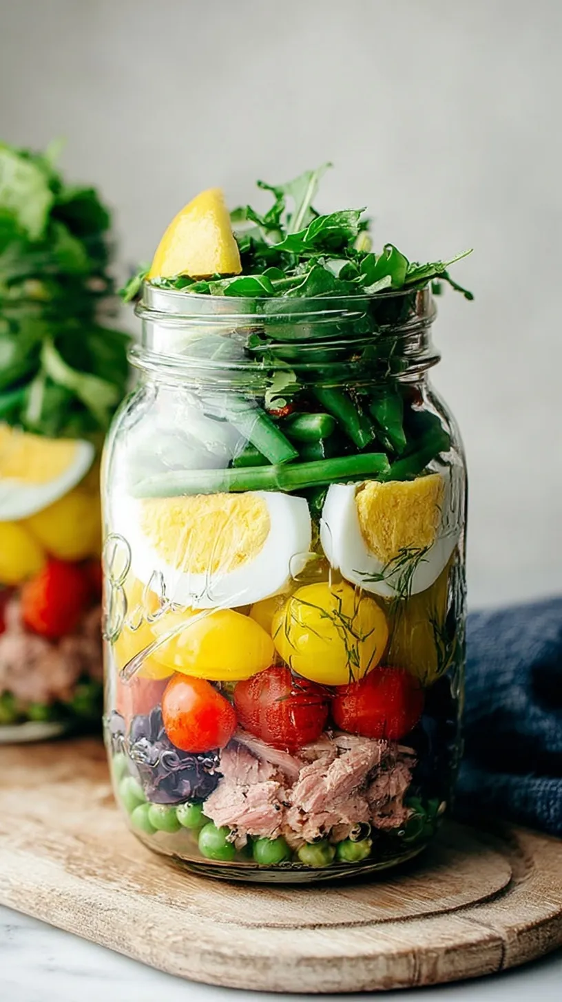 Four mason jars layered with potatoes, green beans, tuna, eggs, and lettuce on a clean white counter.