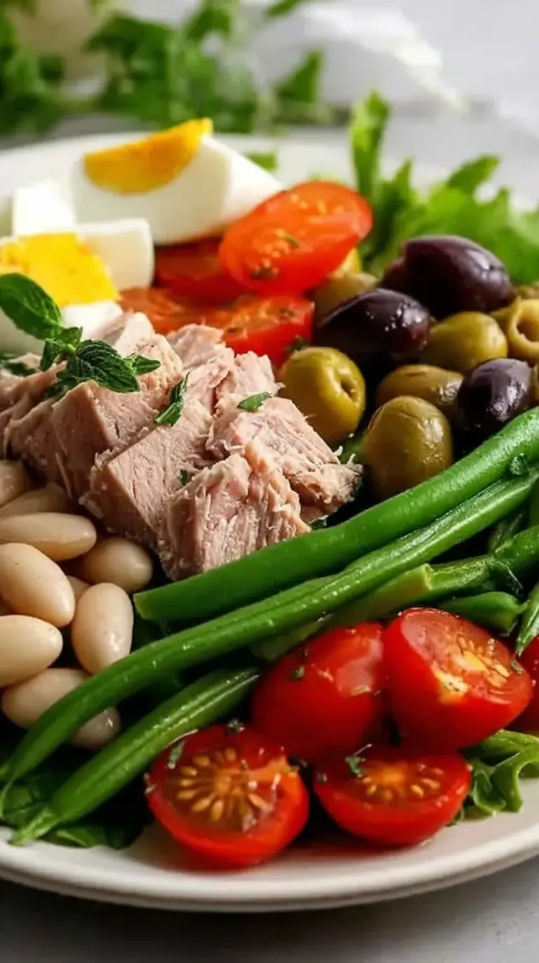 A fresh Mediterranean tuna salad with white beans, olives, and cherry tomatoes on a bed of arugula.