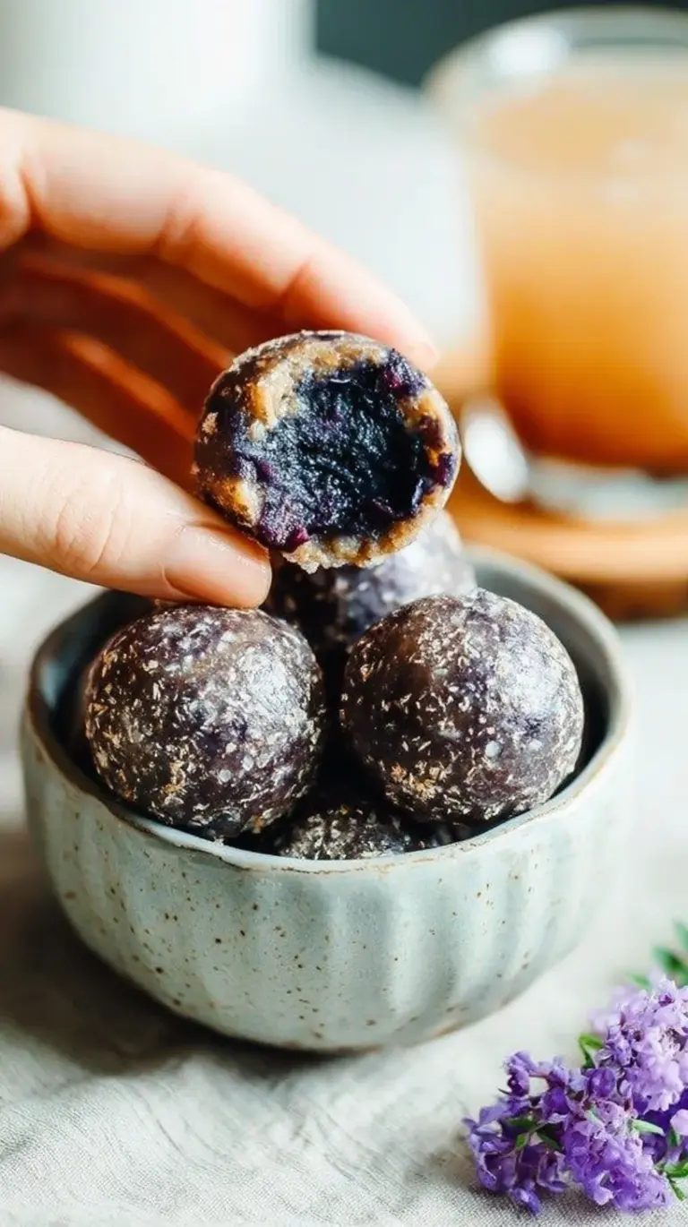 A plate of round, blueberry-filled donut holes dusted with lemon zest on a white plate.