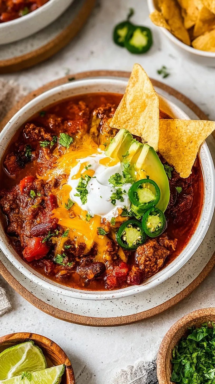 A steaming bowl of thick no-bean beef chili topped with sour cream and cheddar cheese in a dark Dutch oven.