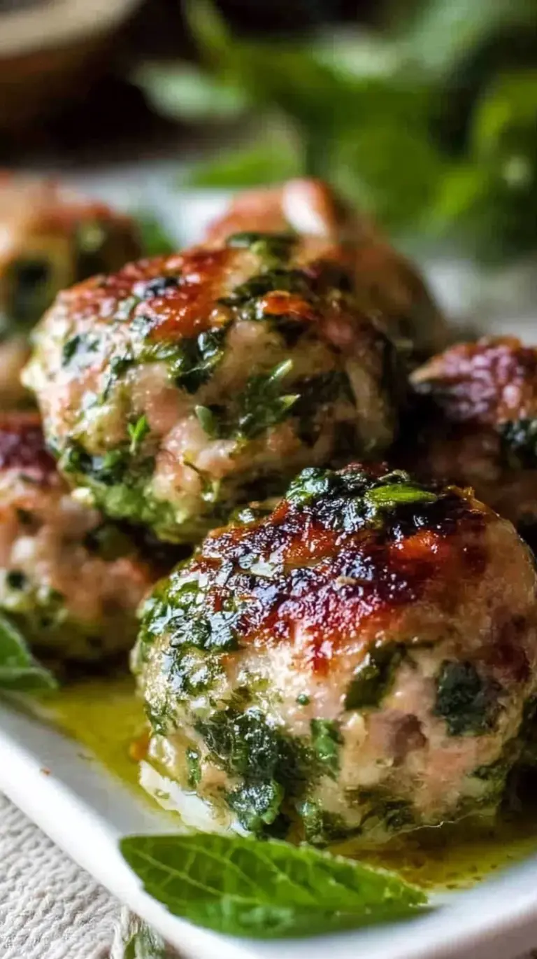 A tray of golden brown pesto turkey meatballs served over green zucchini noodles