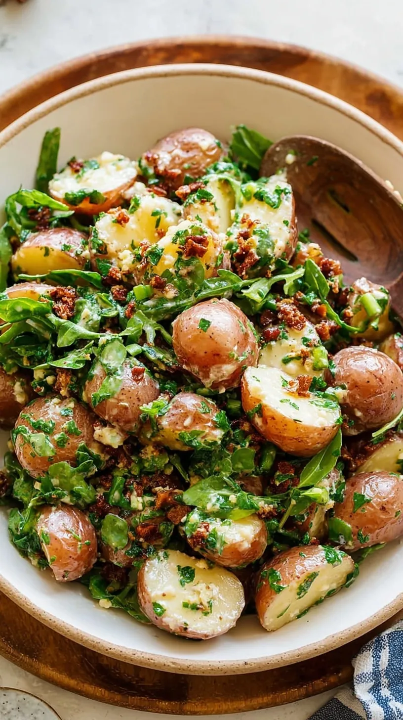 A bowl of warm Yukon Gold potato salad tossed with fresh green herbs and a zesty vinaigrette.