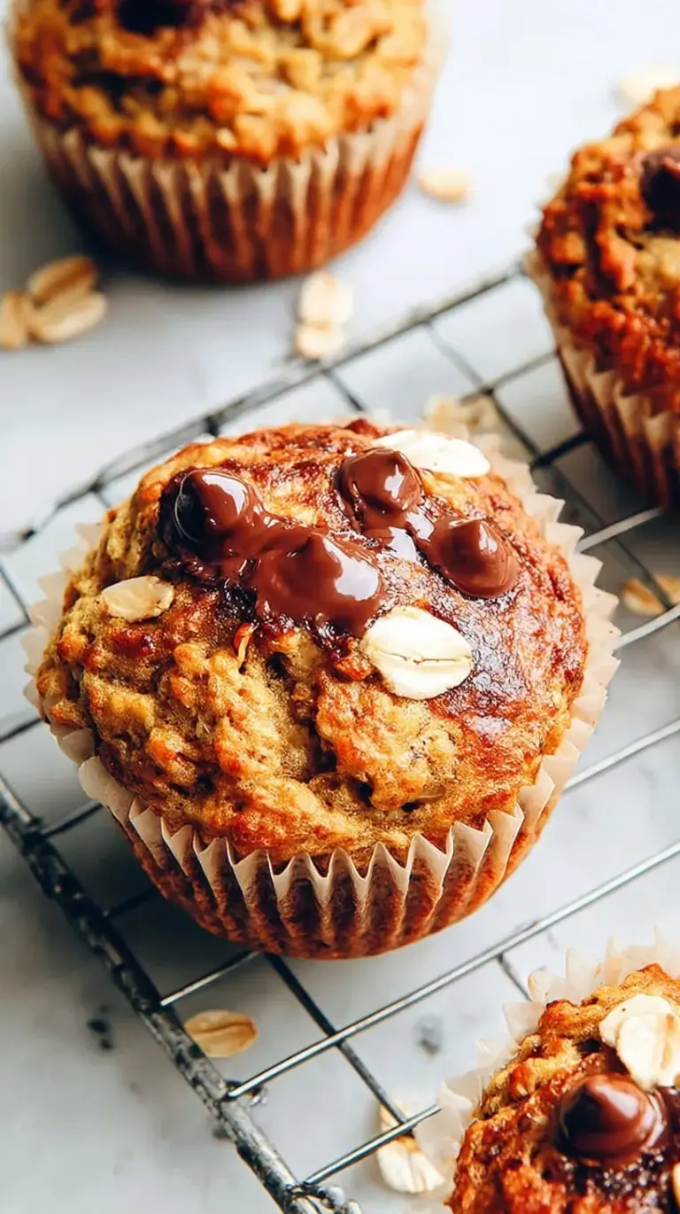 A stack of golden brown oatmeal banana muffins on a wire cooling rack with fresh bananas in the background.