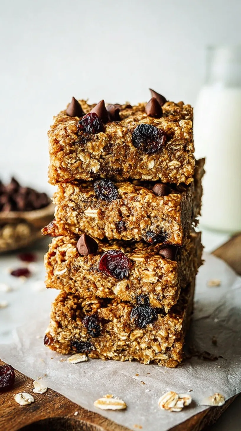 A tray of golden brown oatmeal breakfast bars with dark chocolate chips on parchment paper.