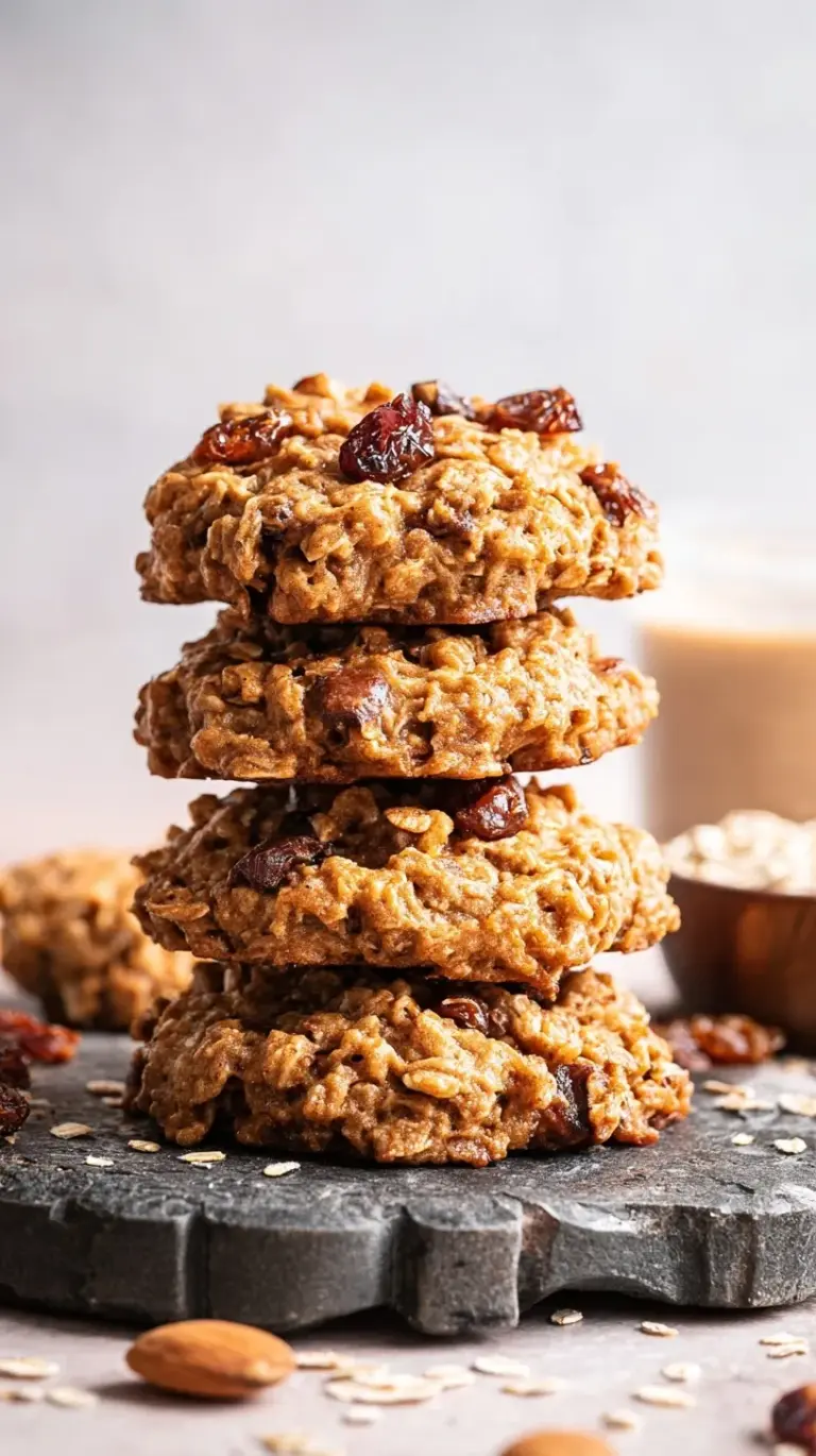 A stack of golden brown oatmeal breakfast cookies with chocolate chips and walnuts on a parchment-lined tray.