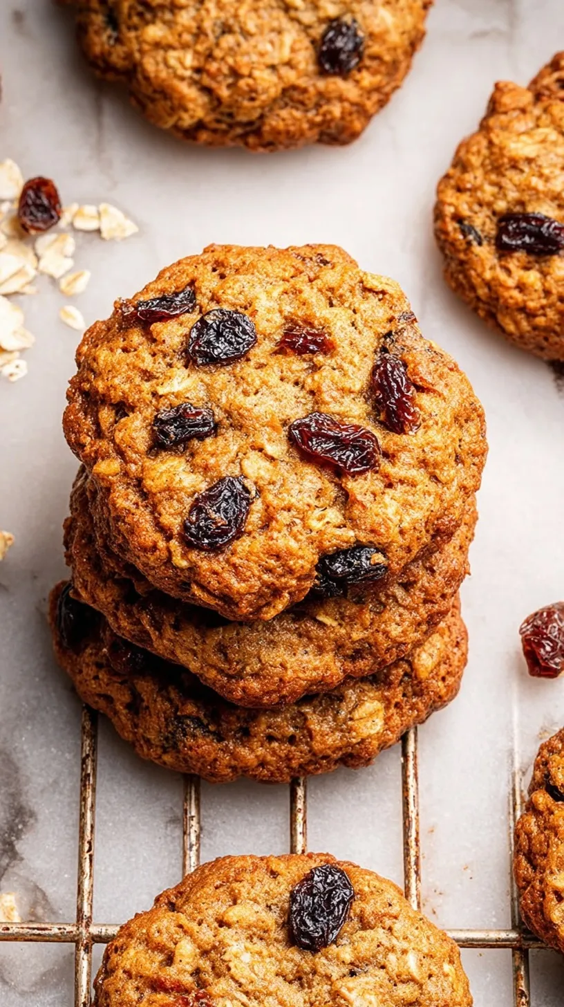 A stack of golden brown oatmeal raisin cookies on a wire cooling rack