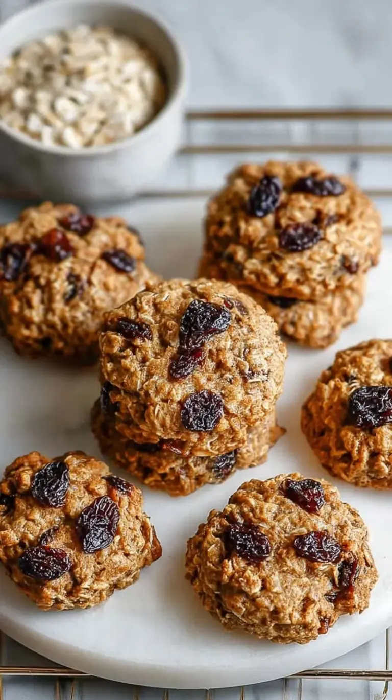 A tray of soft oatmeal raisin protein cookies on parchment paper with a glass of milk.