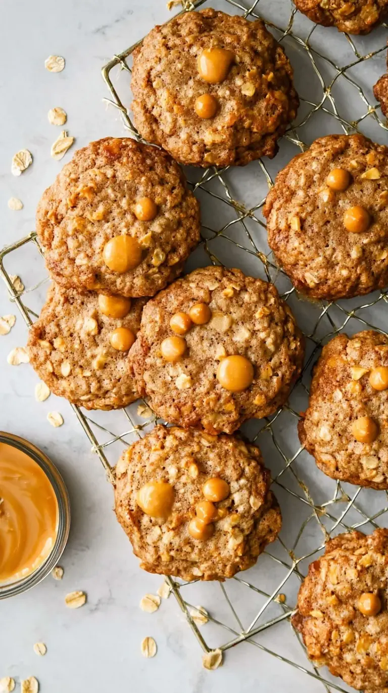 A stack of golden brown oatmeal cookies filled with butterscotch chips on a wire cooling rack.