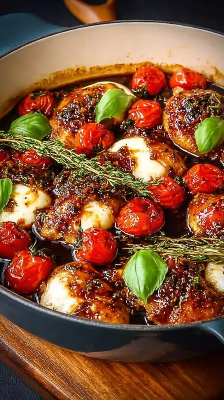 Golden seared chicken breasts in a balsamic glaze with halved cherry tomatoes and fresh basil in a black skillet.
