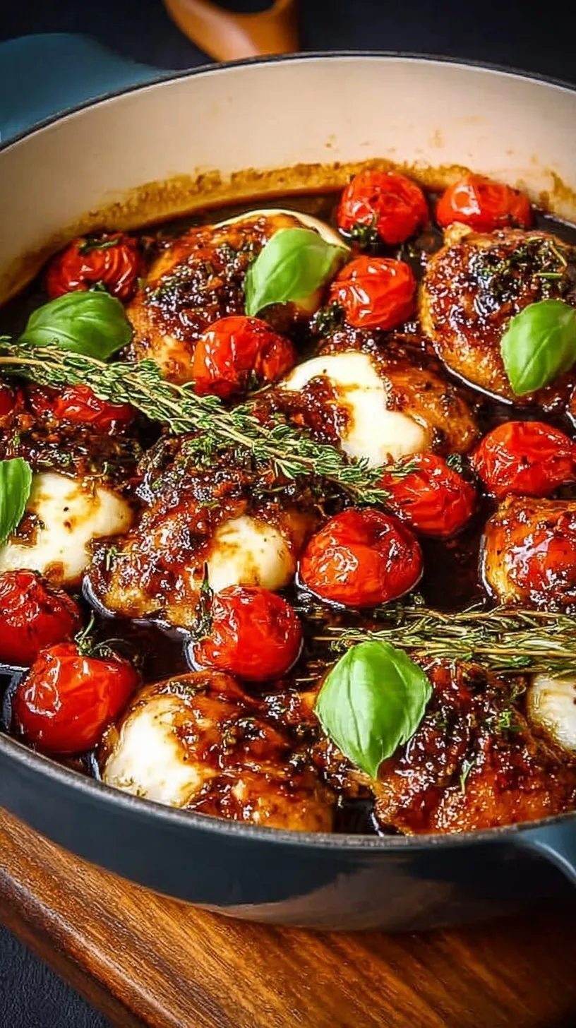 Golden seared chicken breasts in a balsamic glaze with halved cherry tomatoes and fresh basil in a black skillet.