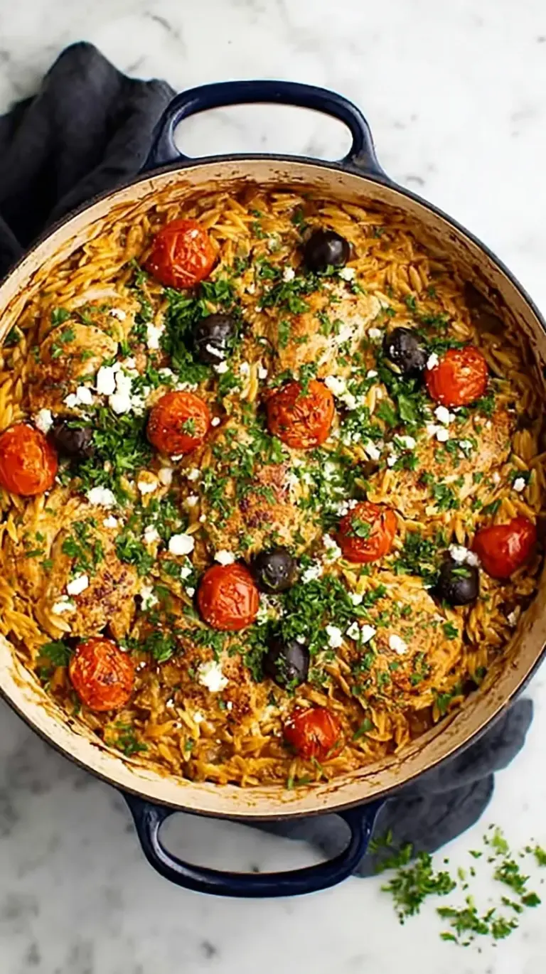 A skillet of creamy one pan chicken orzo with spinach and lemon