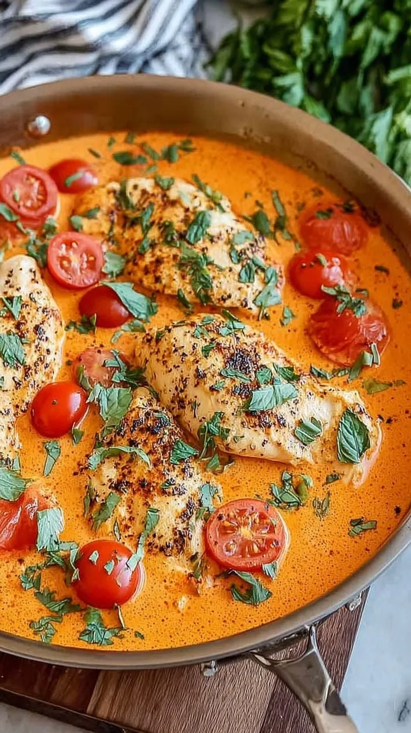 Golden seared chicken breasts simmering in a rich, creamy red tomato sauce with fresh basil and parmesan.