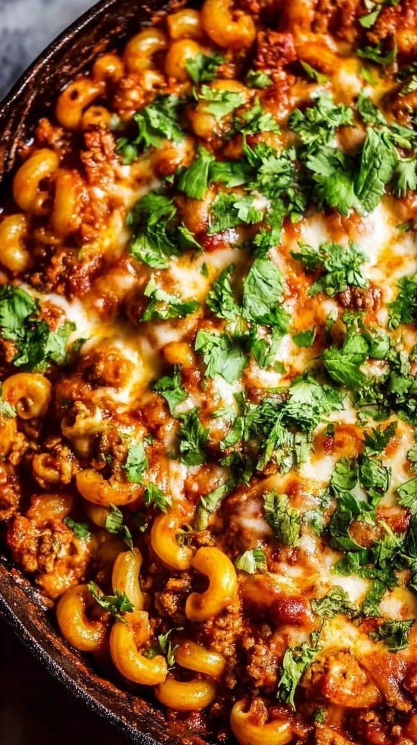 A close-up shot of creamy chili mac with melted cheese and black beans in a dark skillet.