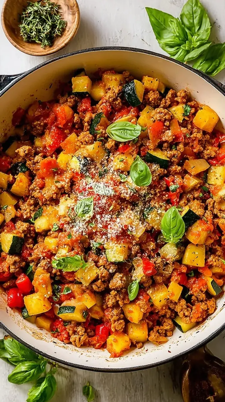 A vibrant one-pan Italian ground turkey skillet with green zucchini, red peppers, and melted parmesan cheese.