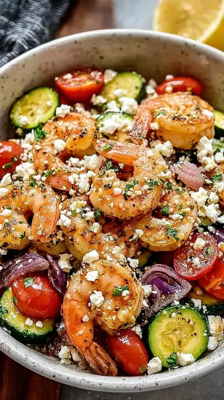 A roasted ceramic dish filled with pink shrimp, blistered cherry tomatoes, olives, and melted feta cheese.