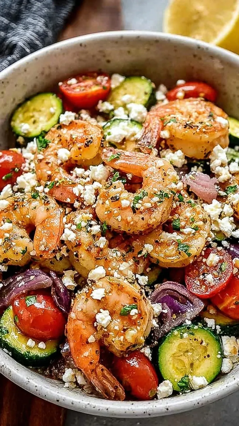 A roasted ceramic dish filled with pink shrimp, blistered cherry tomatoes, olives, and melted feta cheese.