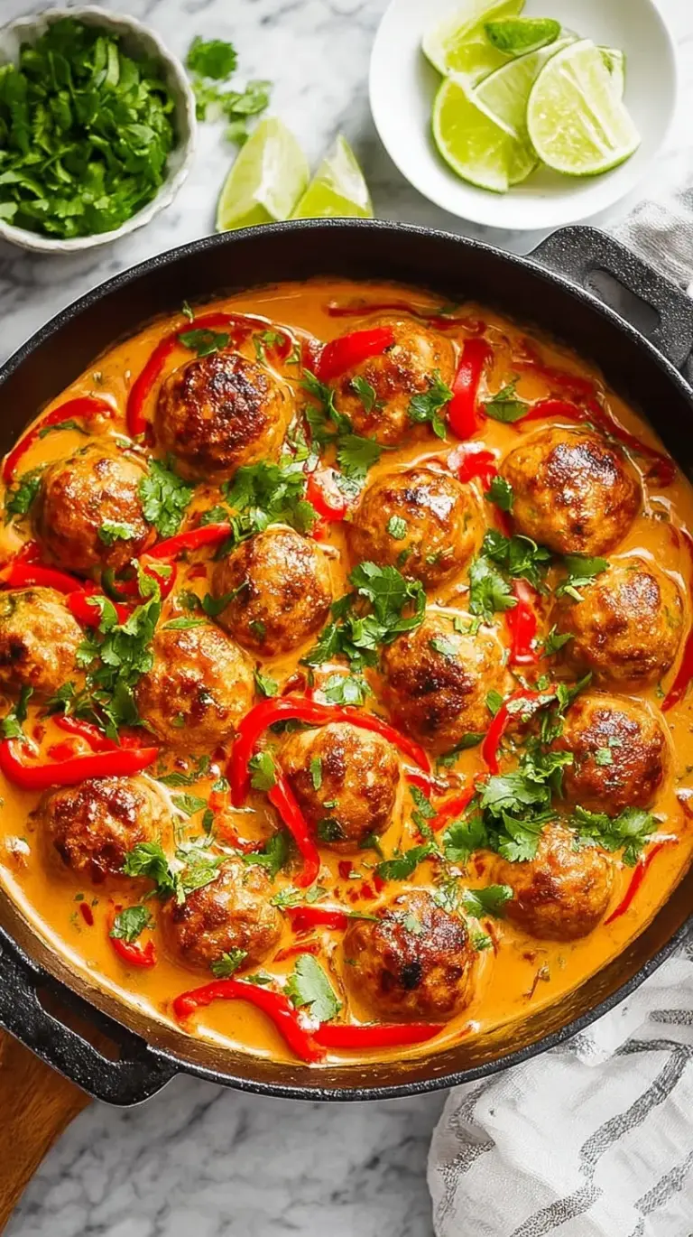 A skillet of golden Thai chicken meatballs in a creamy red curry sauce with spinach and peppers