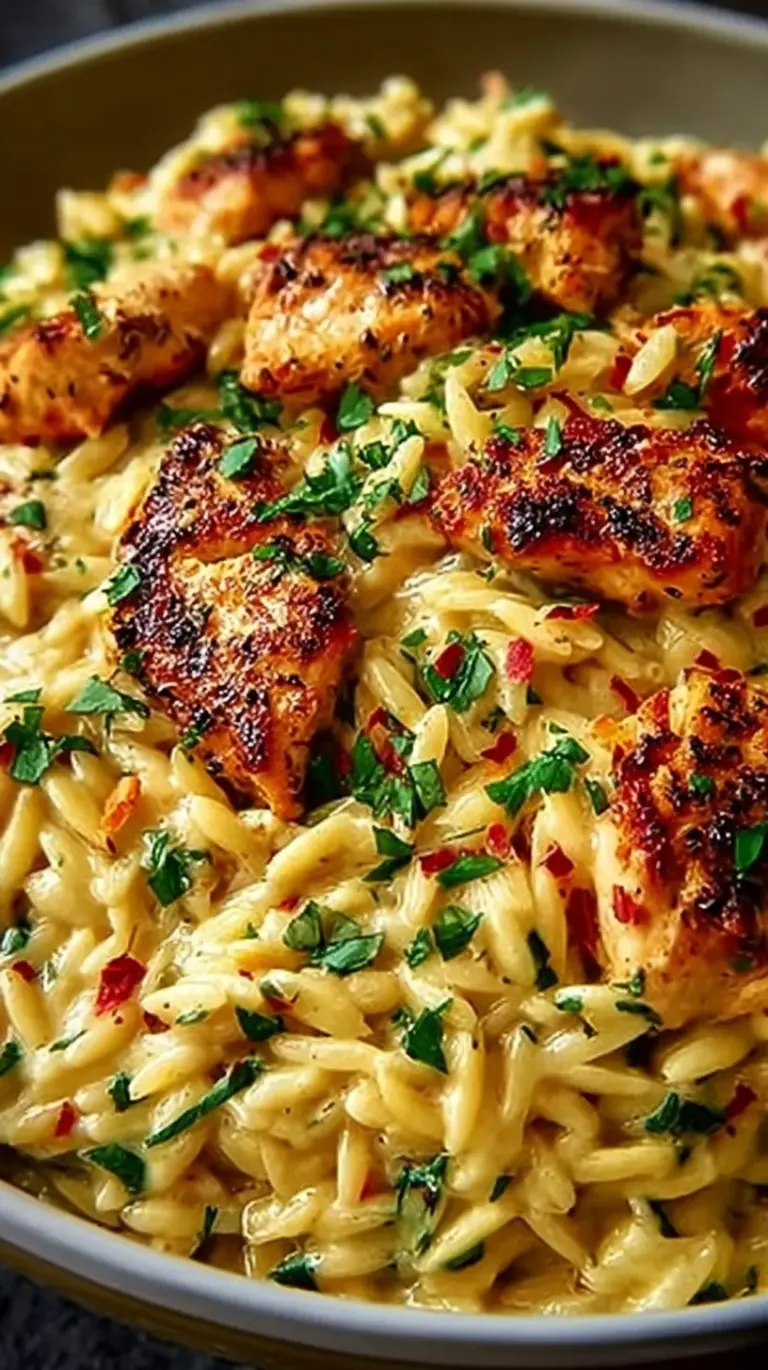 A steaming pan of creamy Cajun chicken alfredo orzo with red peppers and parsley