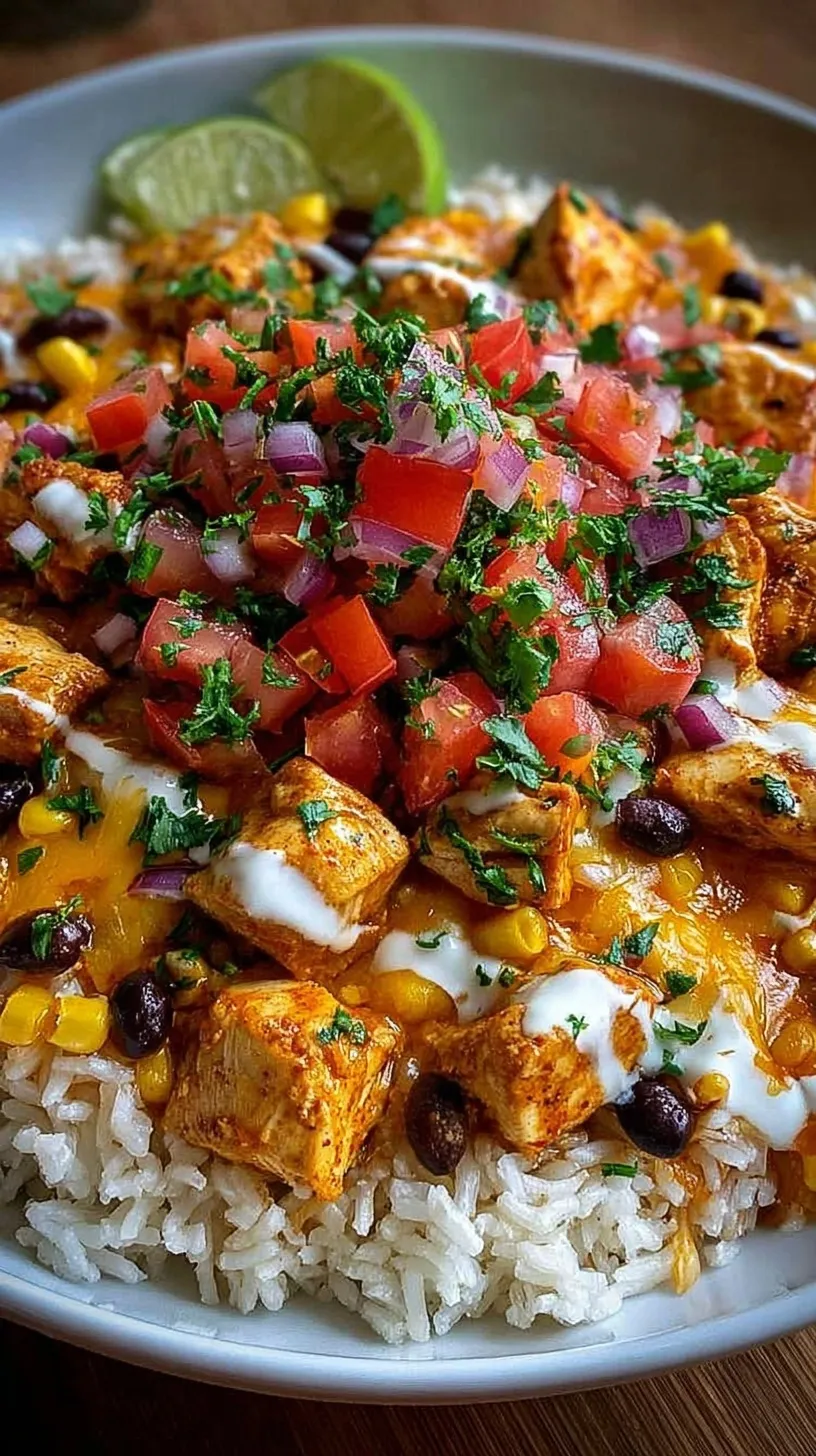 A large skillet filled with cheesy southwest chicken rice, black beans, corn, and fresh cilantro.