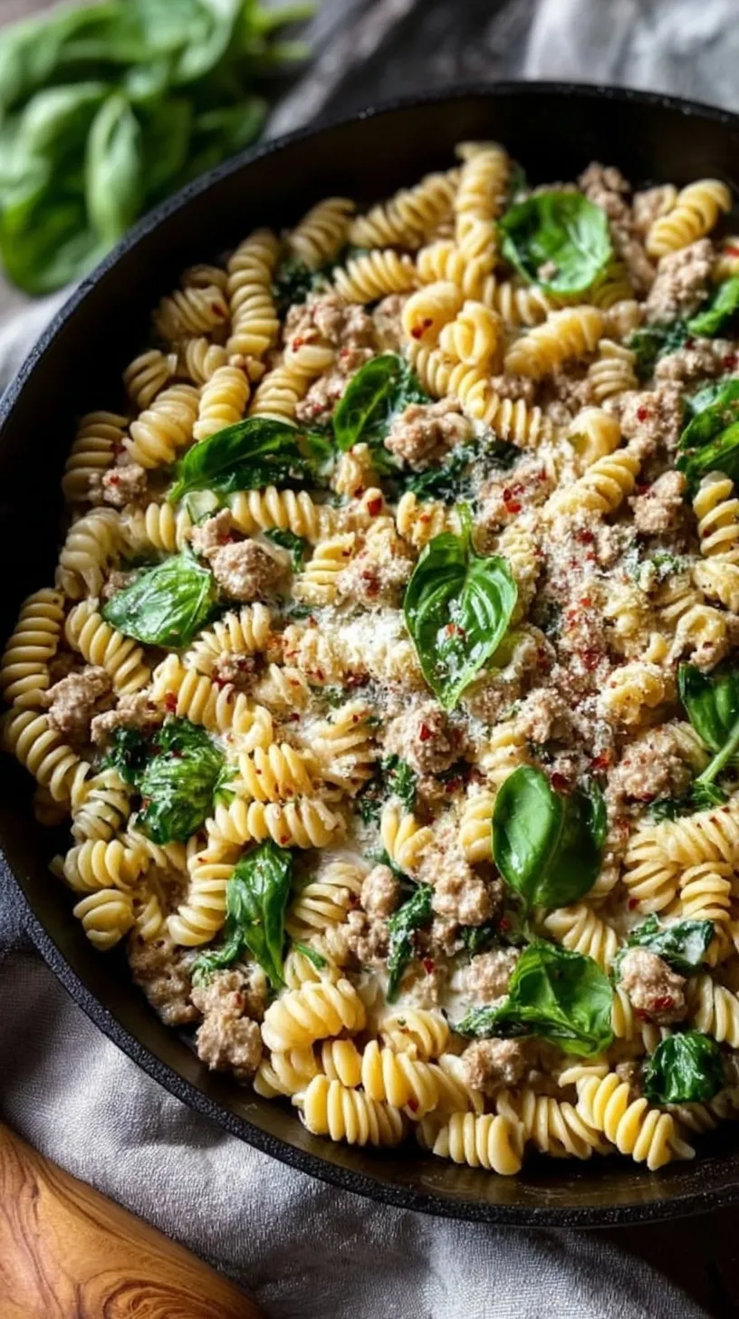 A large skillet filled with creamy rotini pasta, ground turkey, and fresh green spinach in a savory tomato sauce.