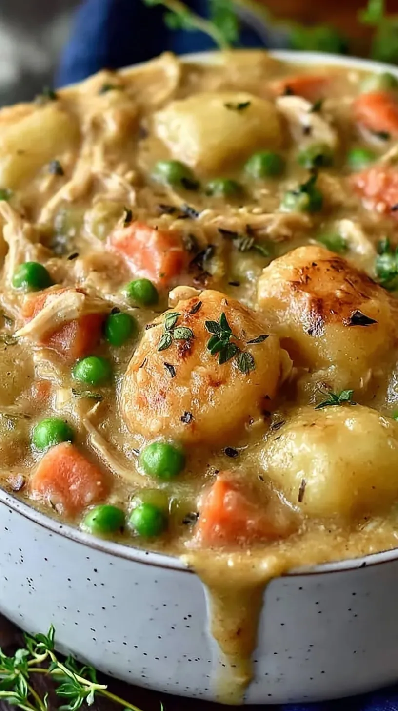 A white pot filled with creamy gnocchi chicken pot pie, featuring orange carrots and green peas in a rich sauce.