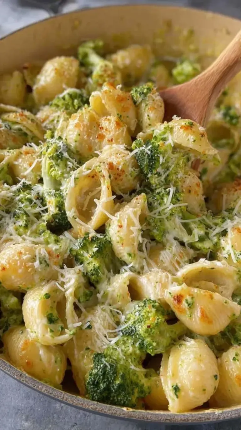 A white bowl filled with creamy whole wheat macaroni, bright green broccoli florets, and melted cheddar cheese.