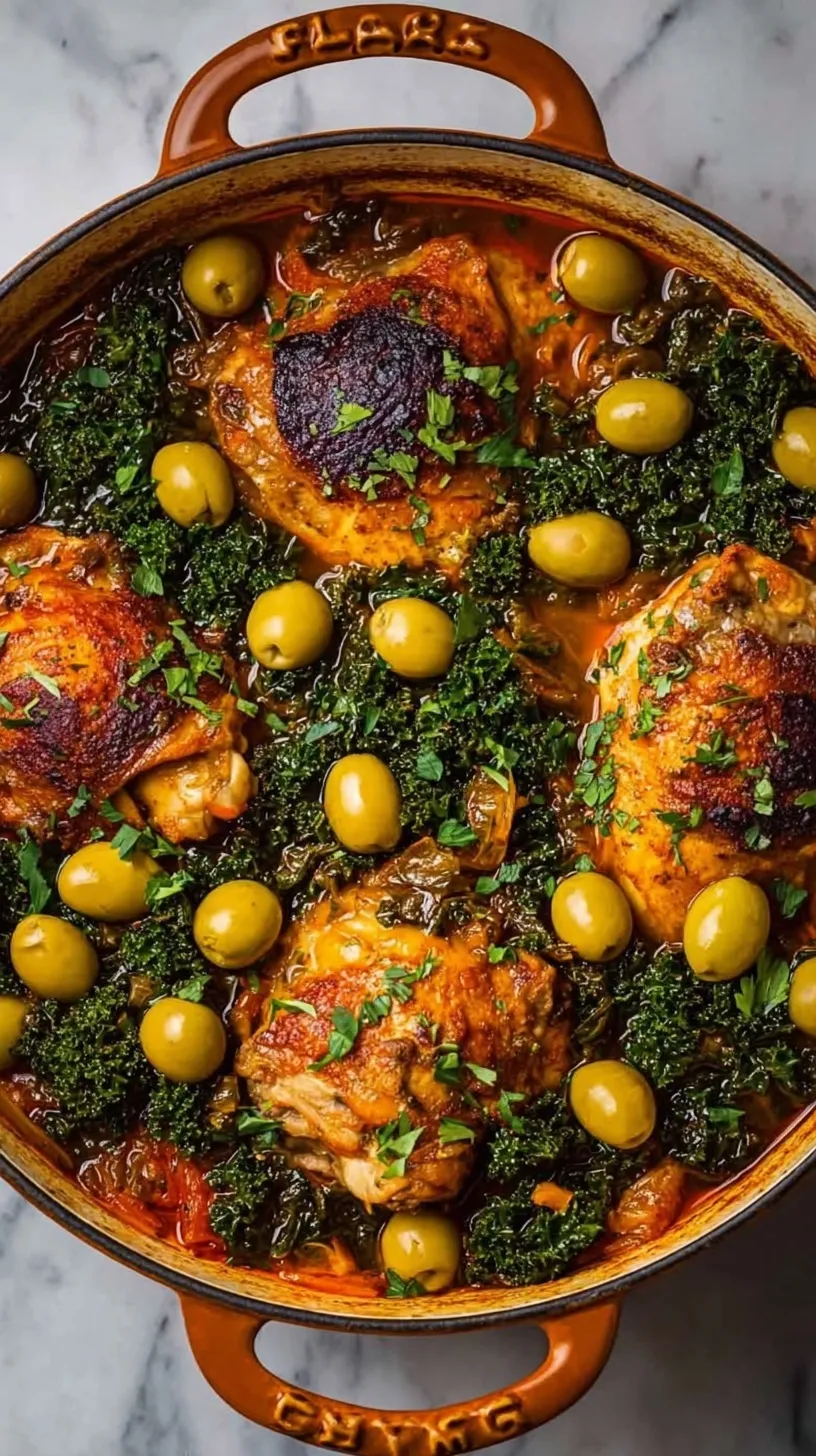 Golden braised chicken thighs in a pot with green olives and yellow saffron sauce