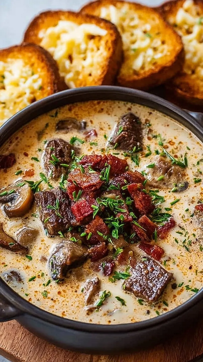 A bowl of creamy Philly Cheesesteak Soup topped with crispy bacon and a golden cheesy toast round.