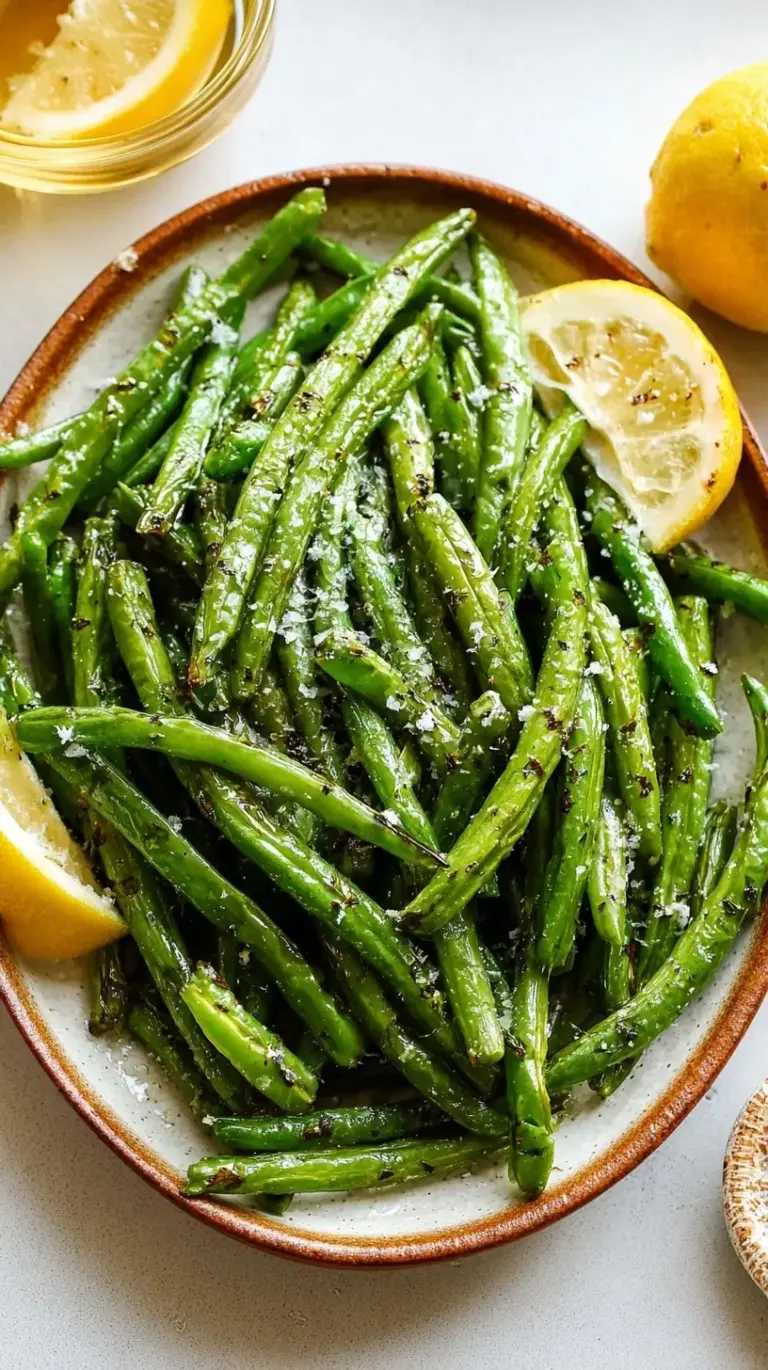A tray of blistered, golden-brown oven roasted green beans with garlic and lemon.