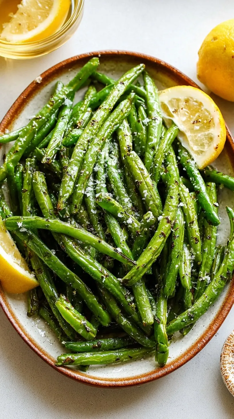 A tray of blistered, golden-brown oven roasted green beans with garlic and lemon.