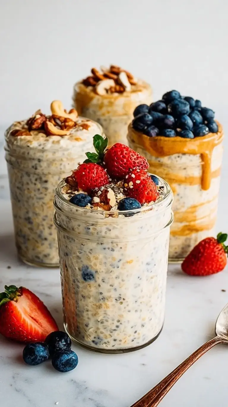 A glass mason jar filled with creamy overnight oats topped with fresh berries and a drizzle of honey.