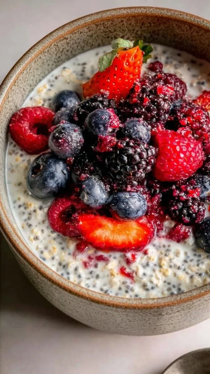 A mason jar filled with creamy overnight oats topped with fresh raspberries and blueberries