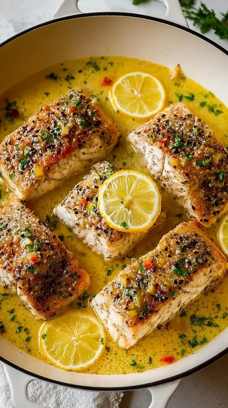 Golden brown pan-seared mahi mahi fillets in a skillet with lemon slices and fresh parsley.