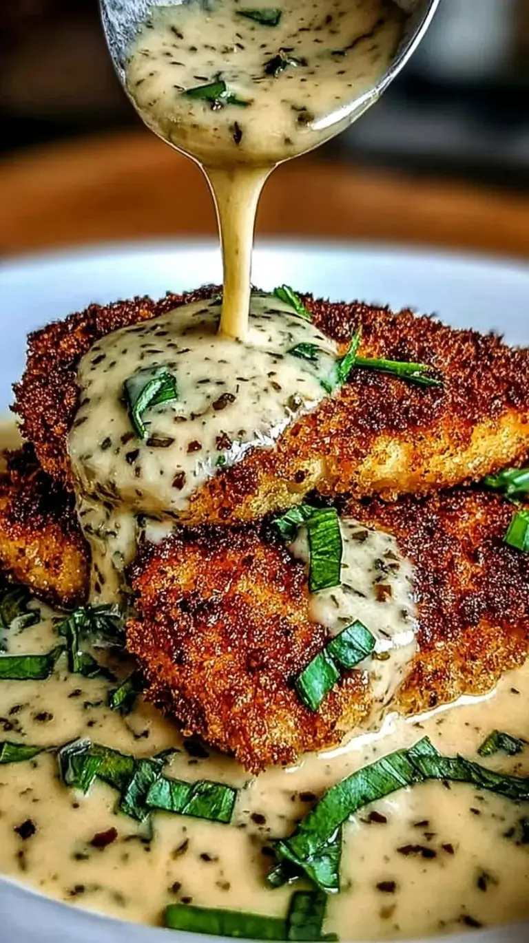 Golden brown Parmesan crusted chicken cutlets topped with a creamy white garlic sauce and fresh parsley in a black skillet.